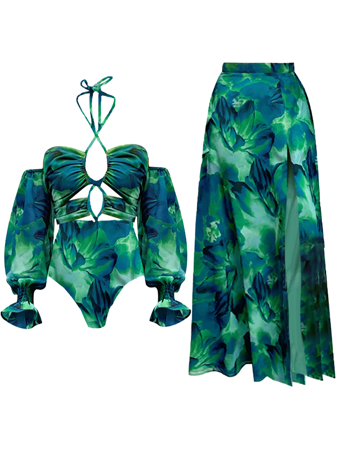 Halter Lace Up Printed Beach One Piece Swimsuit and Skirt