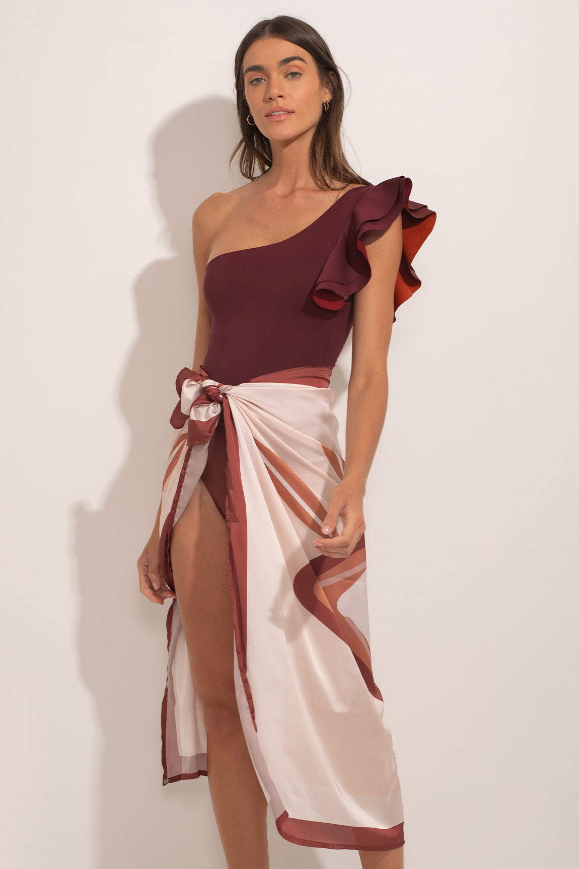 One-Shoulder Ruffled One-Piece Swimsuit Set