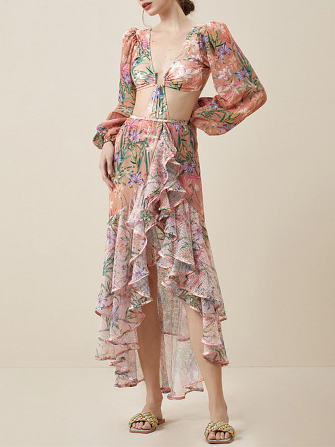 Floral Print One Piece Swimsuit and Mesh Splicing Sarong