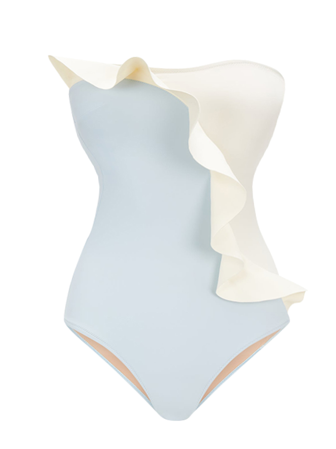 Off Shoulder Color Block One Piece Swimsuit and Skirt