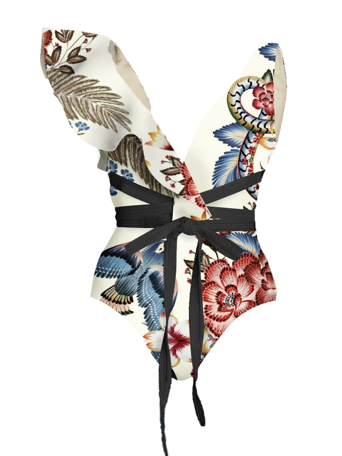 Vintage V Neck Ruffle Floral Print Swimsuit and Skirt
