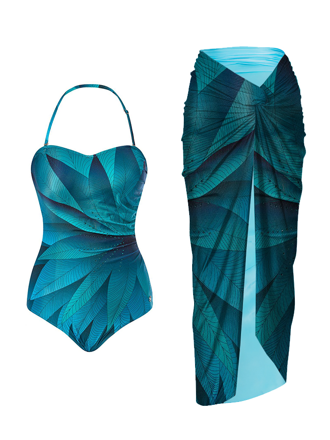 Color Feather Print One Piece Swimsuit