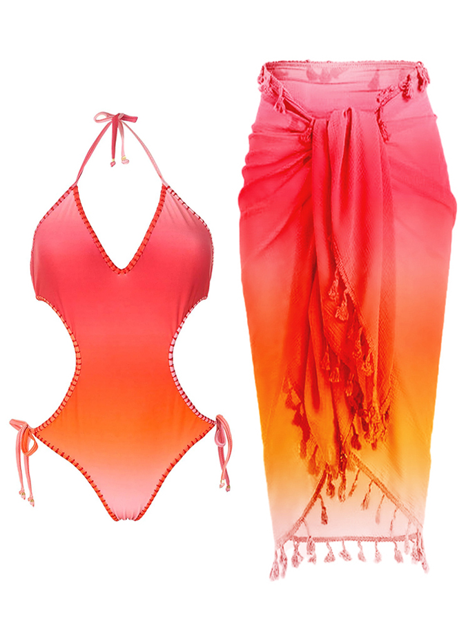 Fashion Colorblock Gradient Print Fringe One Piece Swimsuit Set