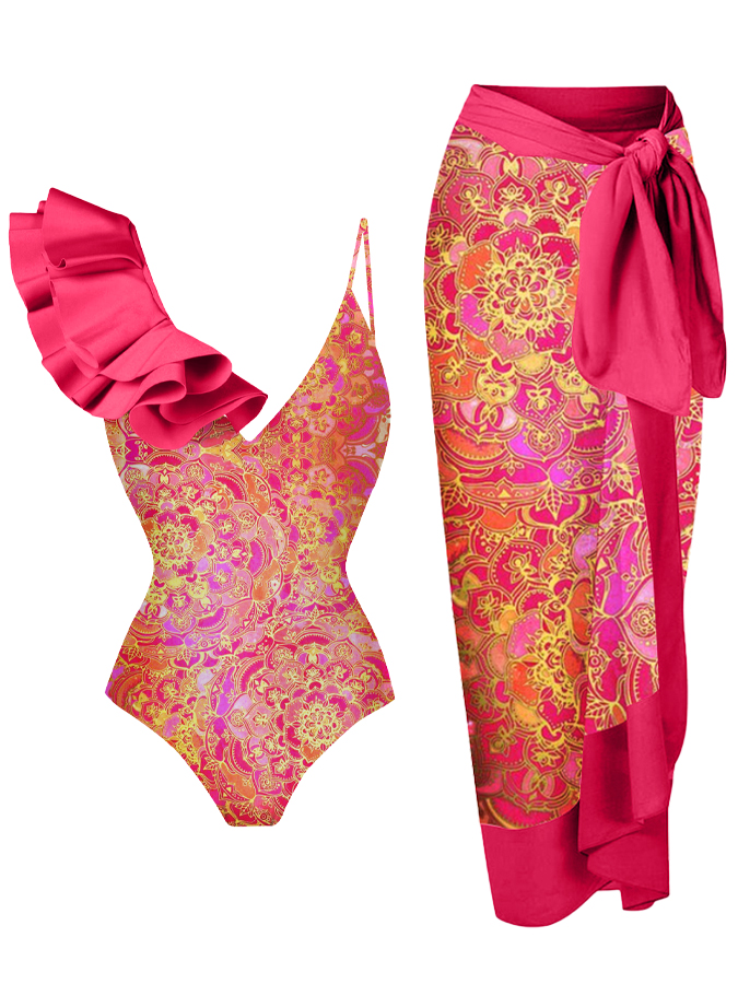 Vintage Print Ruffled V-neck One-piece Swimsuit and Cover-up