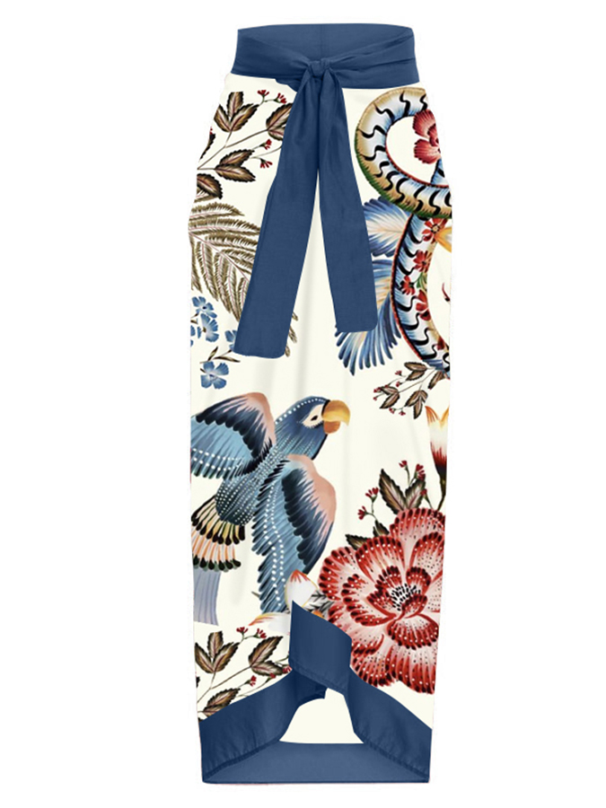 Vintage V Neck Ruffle Floral Print Swimsuit and Skirt