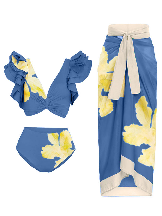 Deep V Ruffled Floral Print Swimsuit Set