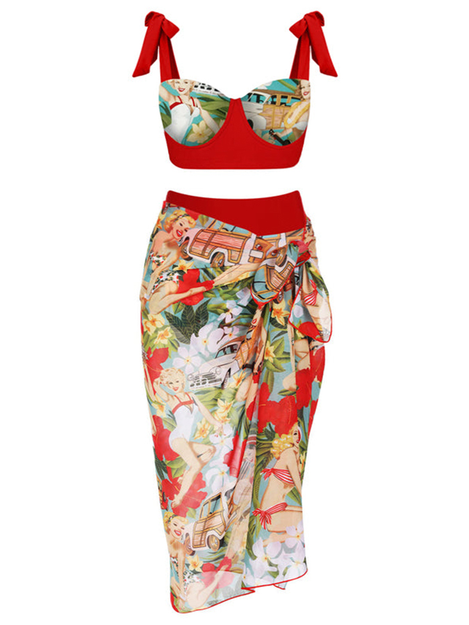Fashion Colorblock Print Swimsuit Set