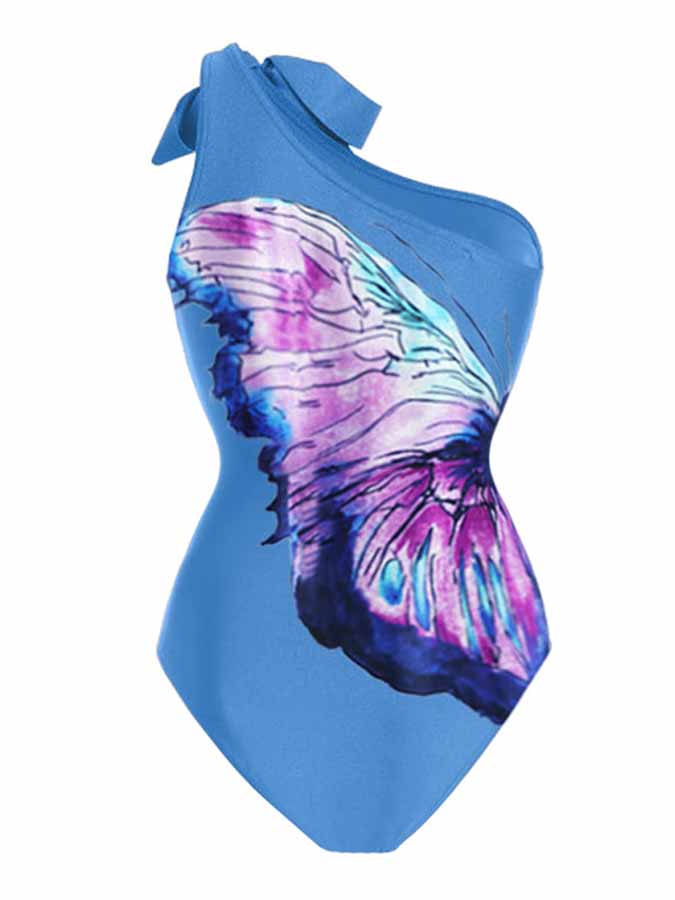 One-Shoulder Butterfly Print One-Piece Swimsuit and Cover-Up