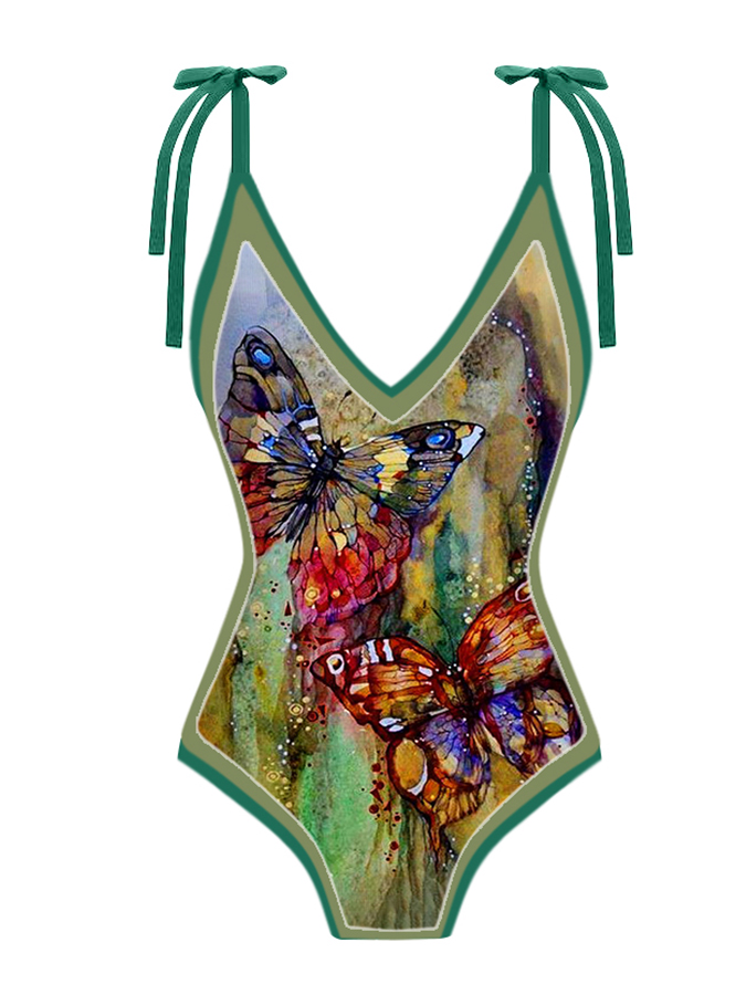 Vintage V-Neck Butterfly Print One-Piece Swimsuit Set