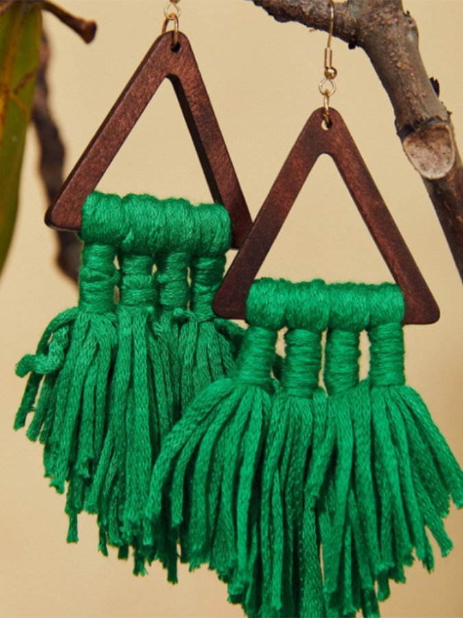 Boho Wood Braided Tassel Earrings