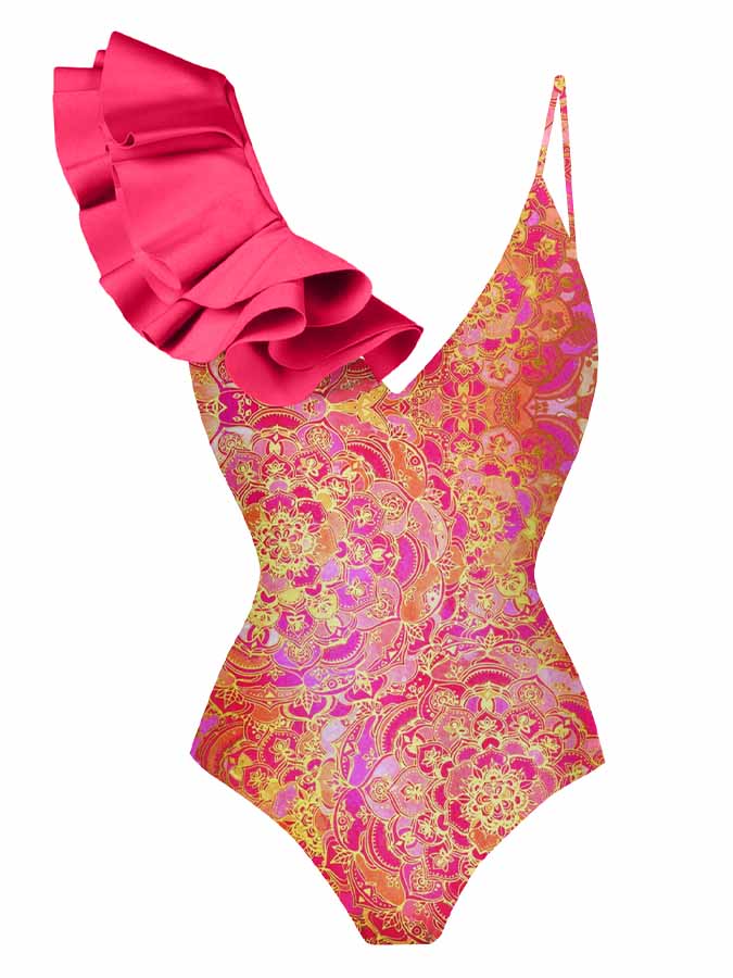 Vintage Print Ruffled V-neck One-piece Swimsuit and Cover-up