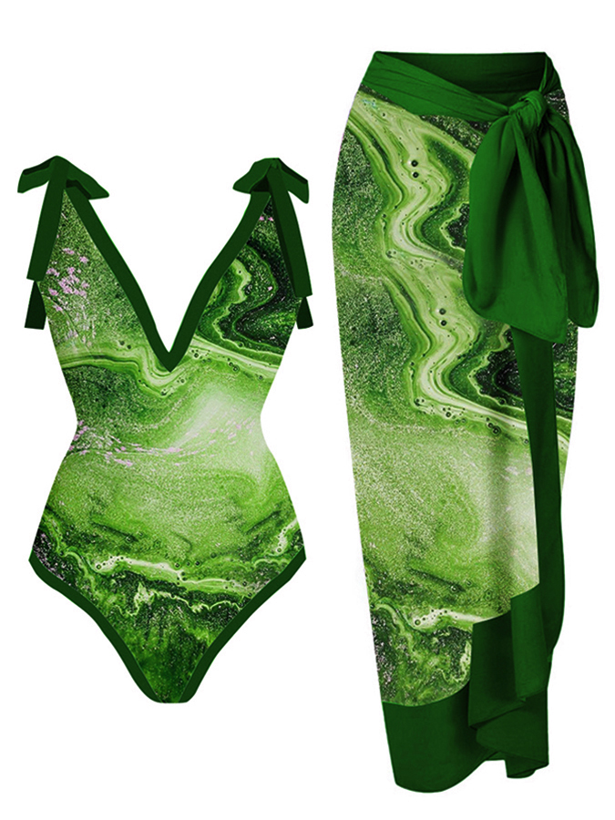 Vintage V-Neck Colorblock Print Beach One-Piece Swimsuit