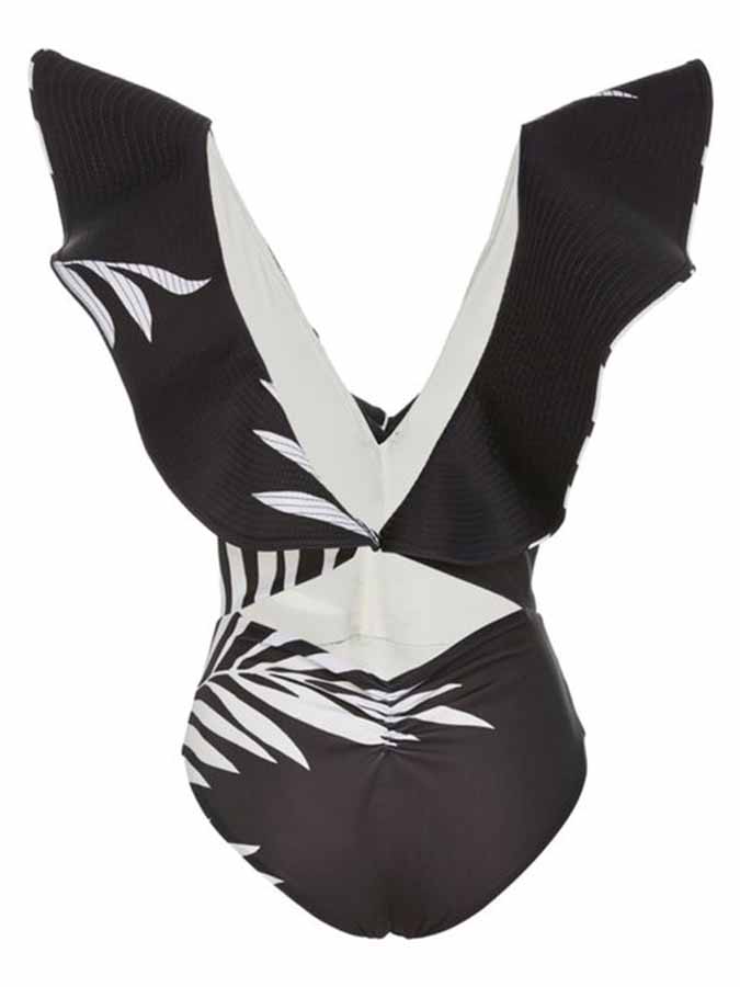 Deep V Print Ruffle One-Piece Swimsuit