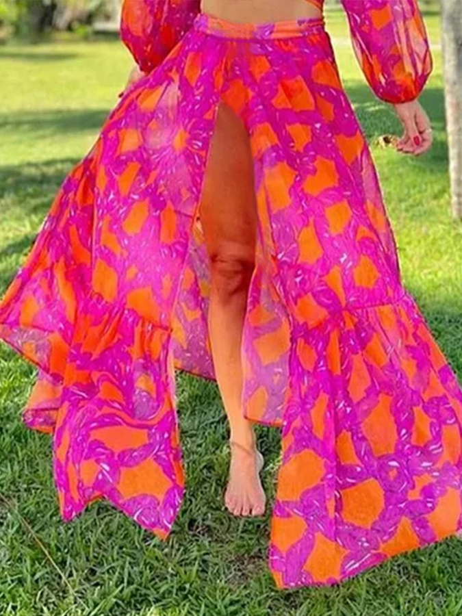 V Neck Net Yarn Long Sleeve Bikini Swimsuit and Skirt