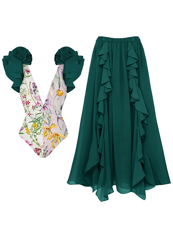 V-neck Mosaic Printing Ruffles One-piece Swimsuit