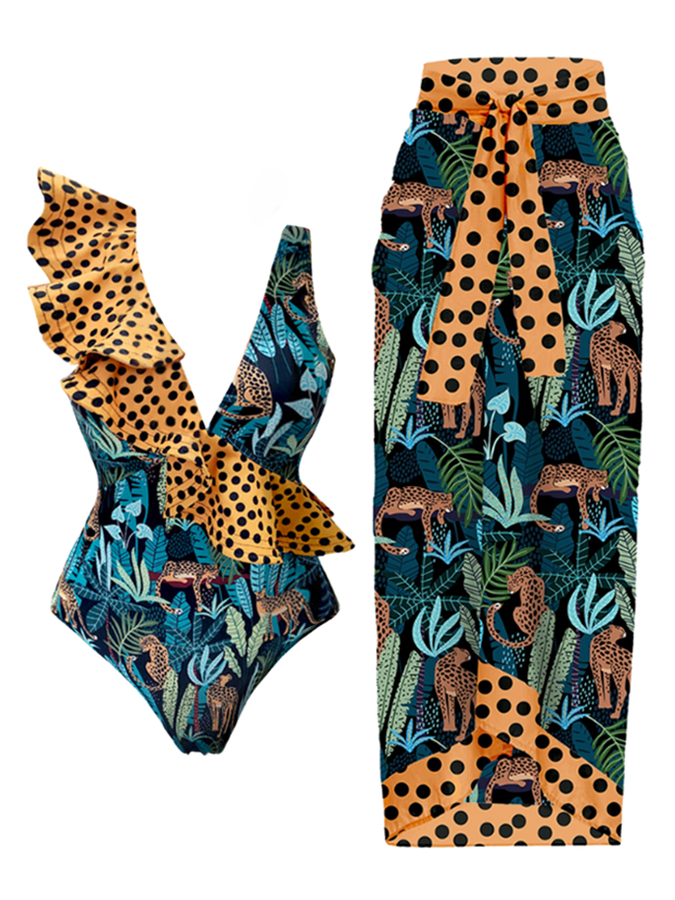 Vintage Colorblock Polka Dot Print One-Piece Swimsuit