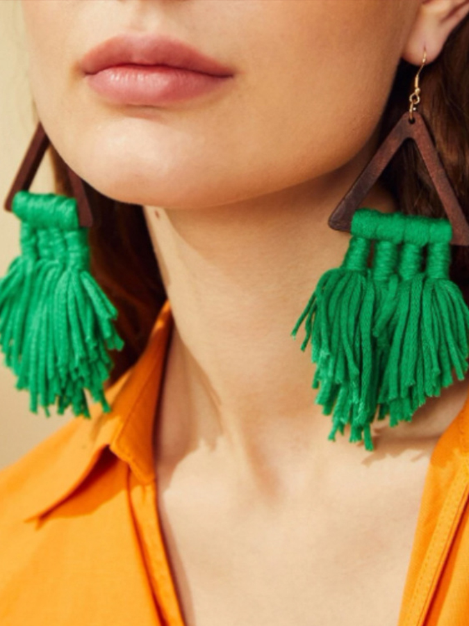 Boho Wood Braided Tassel Earrings