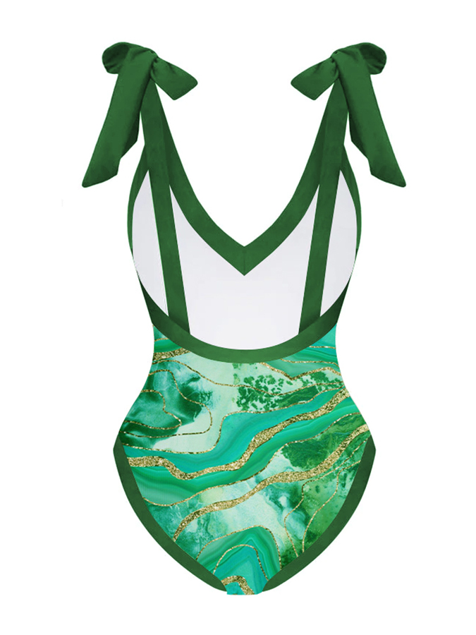 Vintage Print Colorblock Beach One-Piece Swimsuit