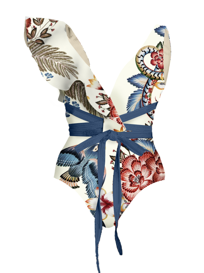 Vintage V Neck Ruffle Floral Print Swimsuit and Skirt