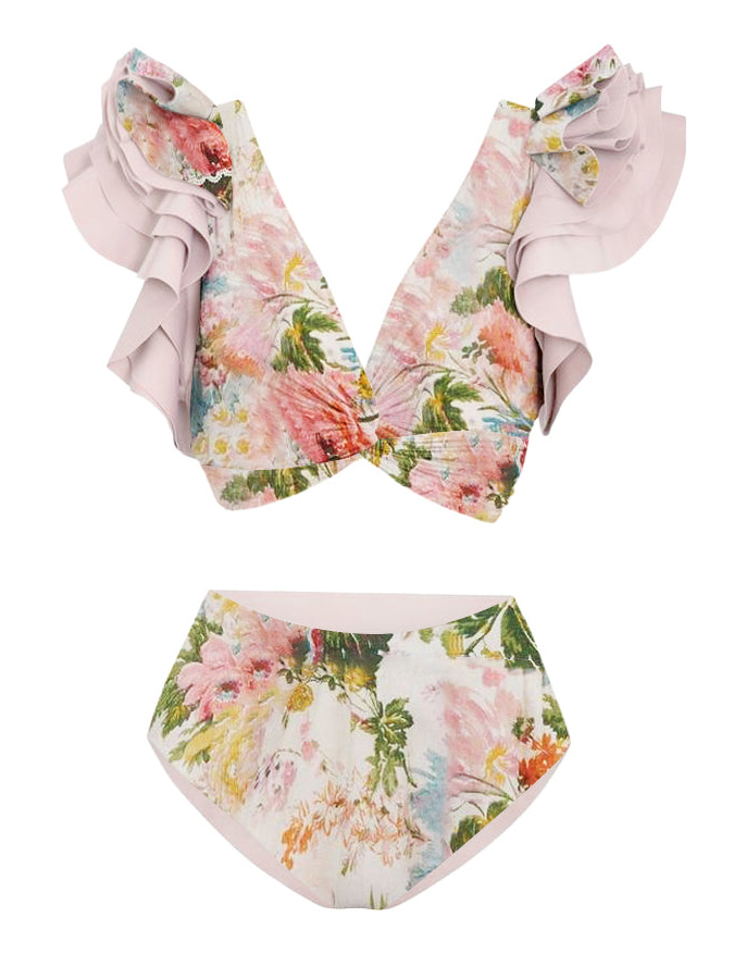 Deep V Ruffle Print Bikini Set