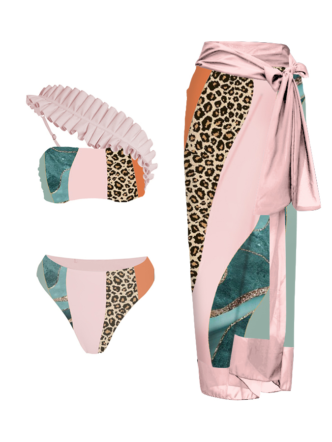 Color Block Leopard Print One-Piece Swimsuit And Cover Up