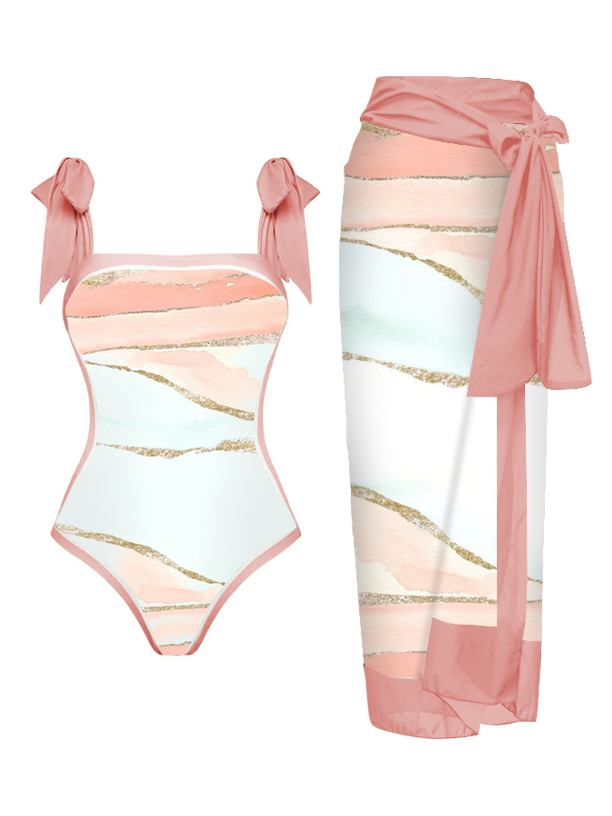 Color Block Print One Piece Swimsuit And Cover Up