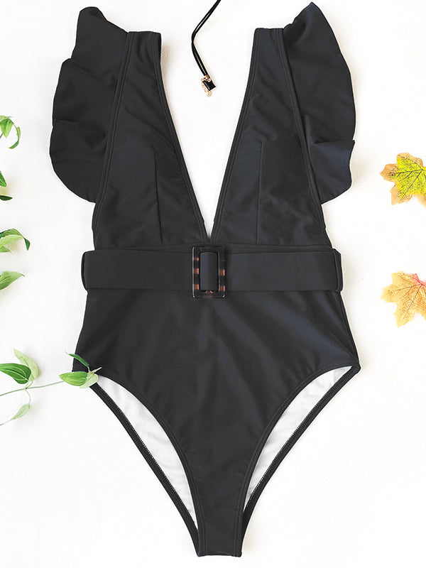 SOLID COLOR DEEP V-NECK FALBALA SEXY SWIMWEAR