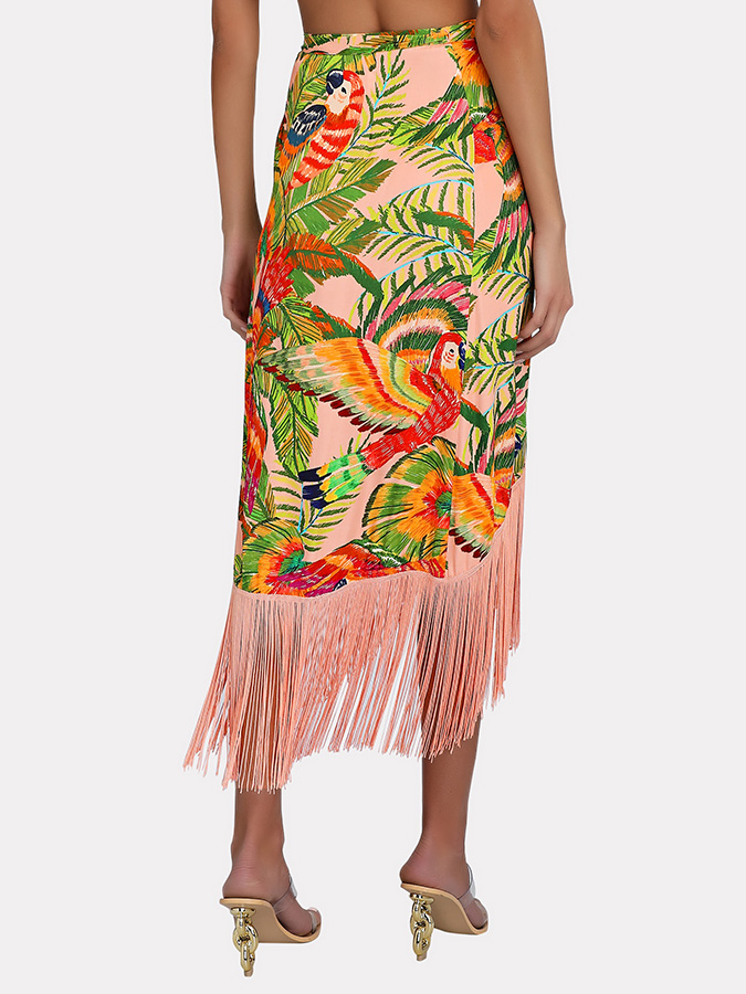 Vintage One-Shoulder Embroidered Print Bikini And Fringe Skirt