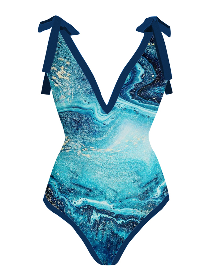 Vintage V-Neck Colorblock Print Beach One-Piece Swimsuit