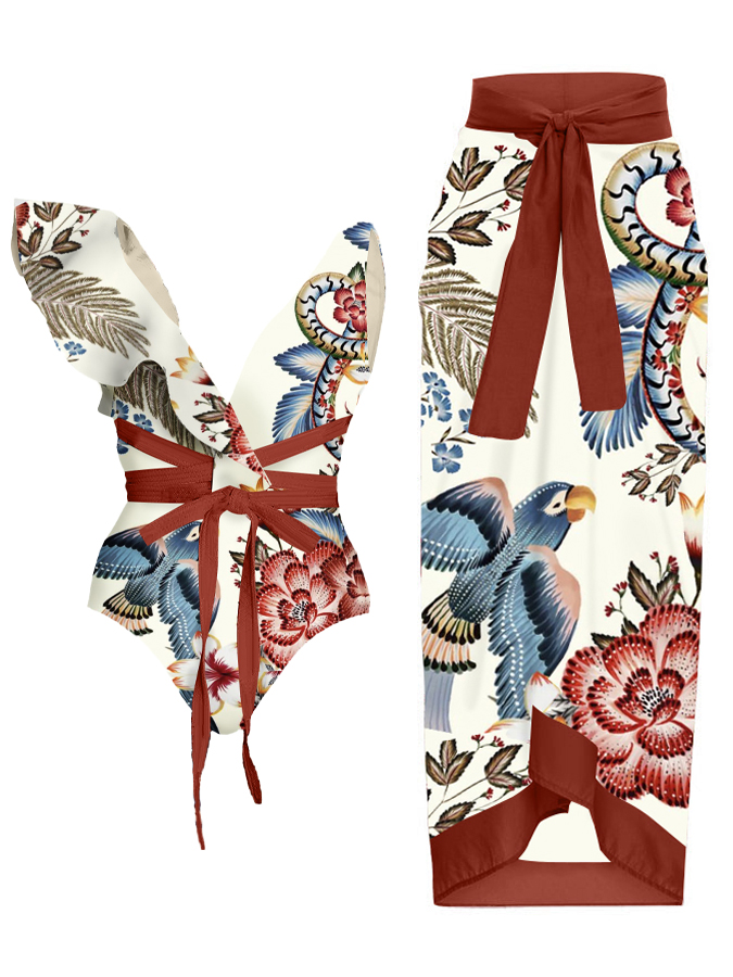 Vintage V Neck Ruffle Floral Print Swimsuit and Skirt