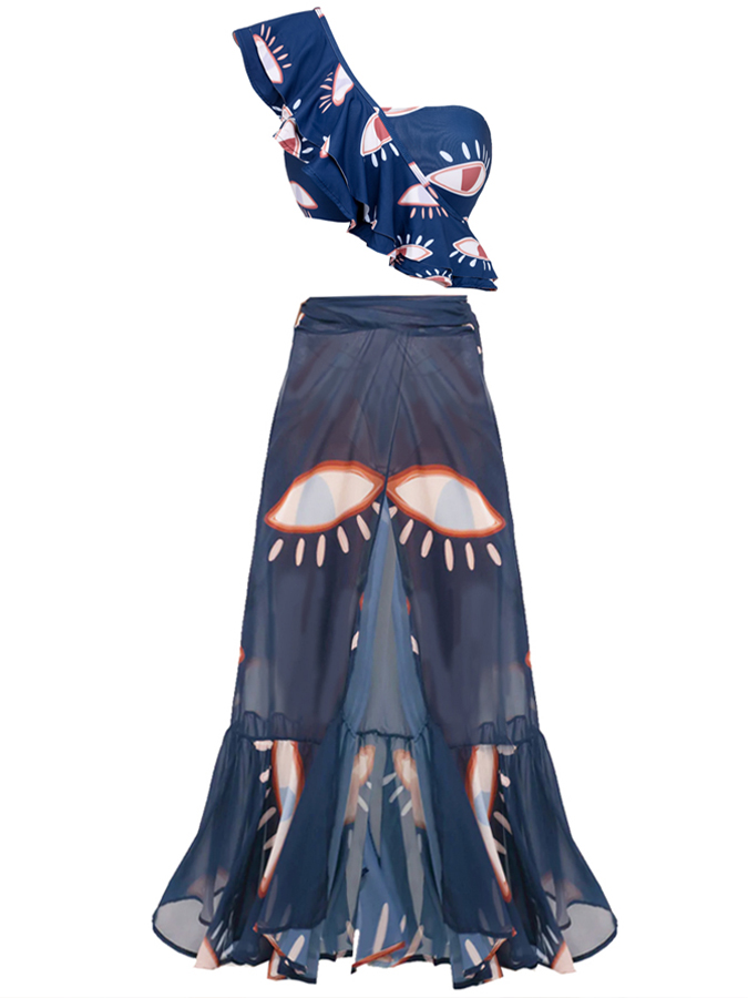 Fashion Eye Print Ruffle Beach Swimsuit
