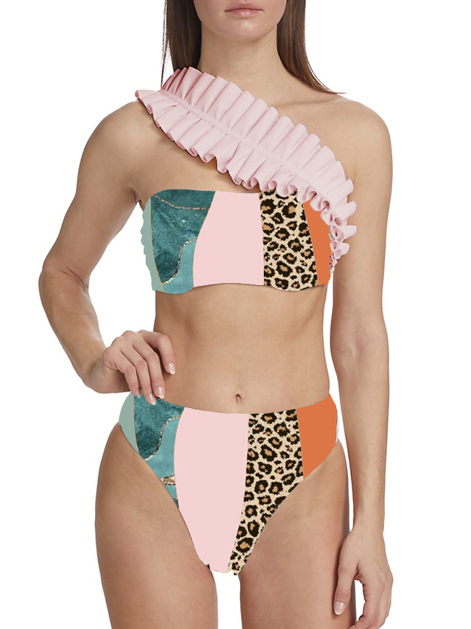 Color Block Leopard Print One-Piece Swimsuit And Cover Up