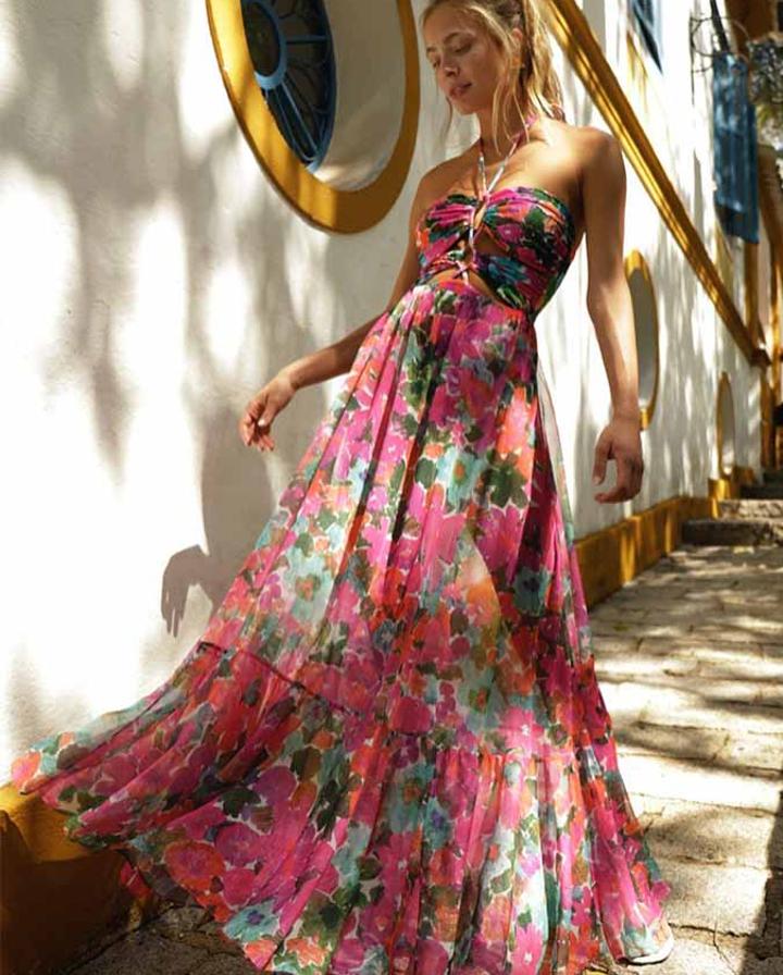 Halter Straps Cutout Floral Doodle One-Piece Swimsuit and Skirt