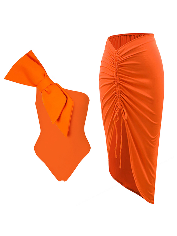 Bow-Tie Decor One Piece Swimsuit And Skirt