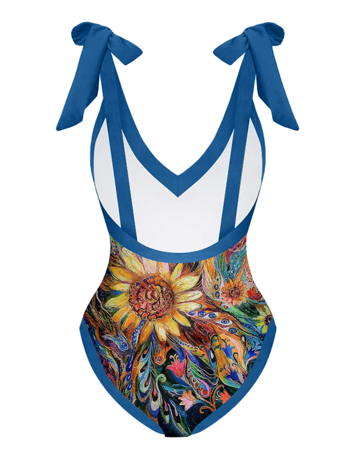 Vintage Abstract Print One Piece Swimsuit Set