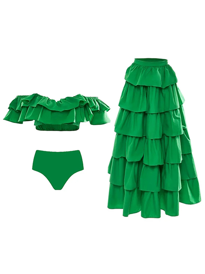 Off Shoulder Ruffle Solid Color Bikini and Beach Skirt