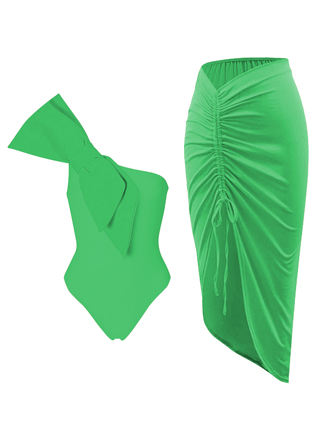 Bow-Tie Decor One Piece Swimsuit And Skirt