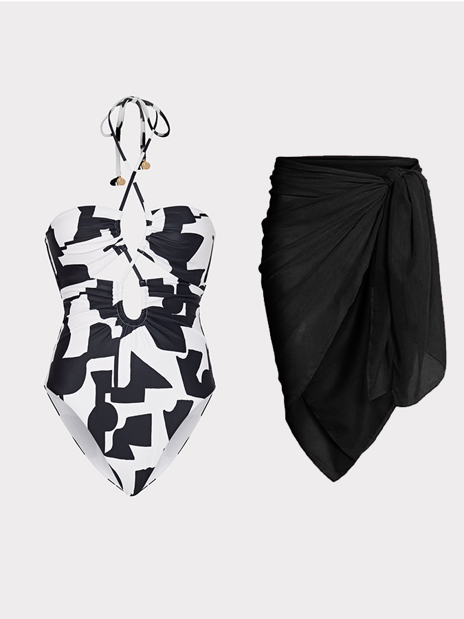 Black Irregular Print Lace-Up One-Piece Swimsuit