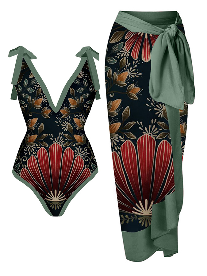 V-Neck Print Fashion One-Piece Swimsuit