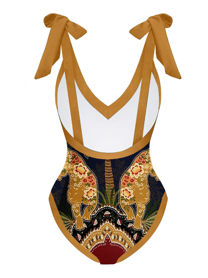V-Neck Vintage Animal Print One-Piece Swimsuit Set