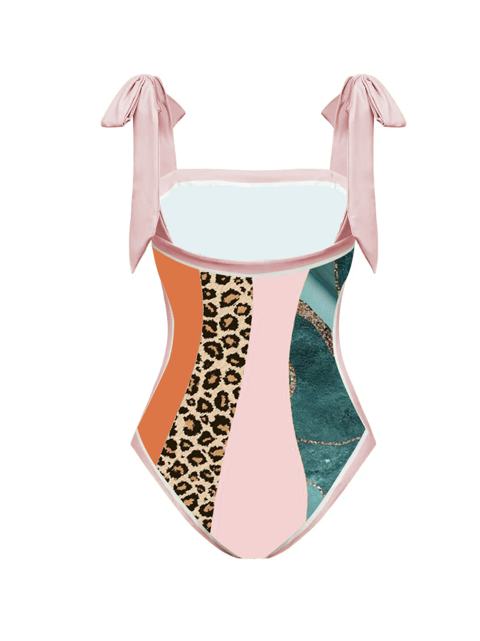 Color Block Leopard Print One-Piece Swimsuit And Cover Up