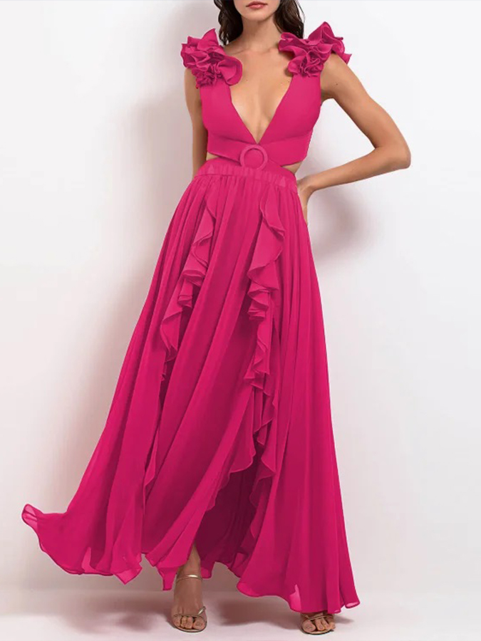 Deep V Red Cutout One Piece Swimsuit and Skirt