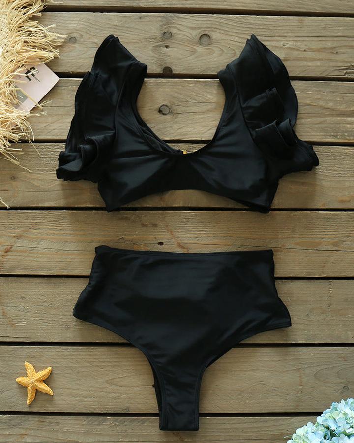 Ruffles Solid High Waist Bikini Set