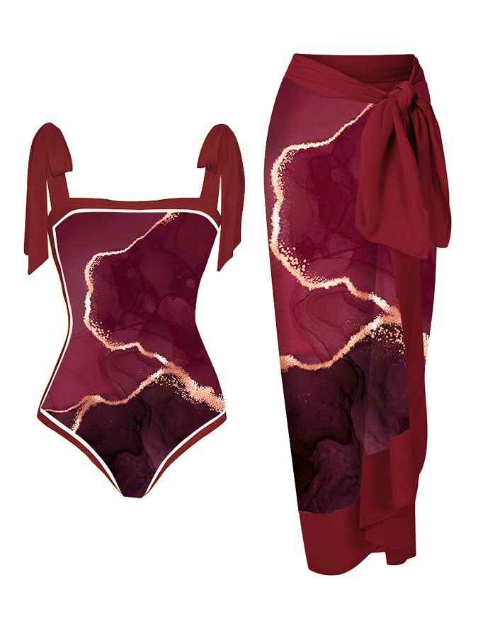 Line Print One Piece Swimsuit and Cover Up