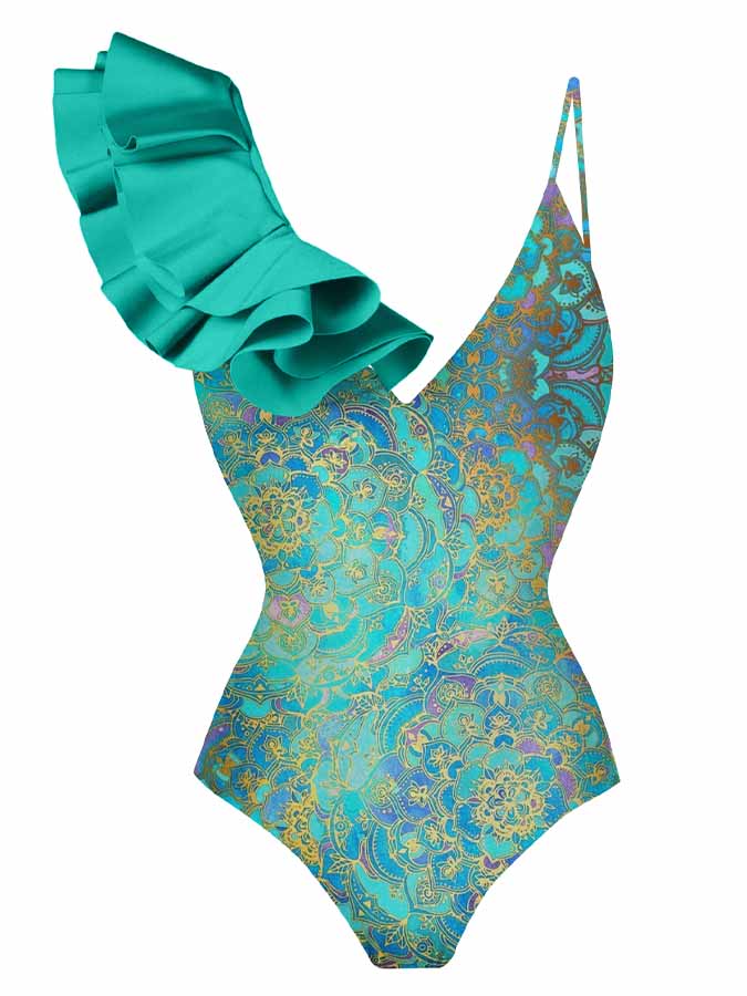 Vintage Print Ruffled V-neck One-piece Swimsuit and Cover-up