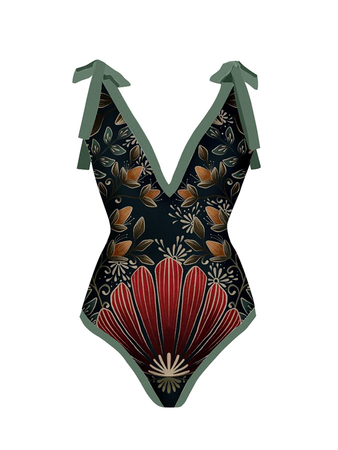 V-Neck Print Fashion One-Piece Swimsuit