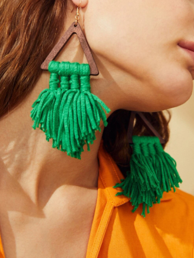 Boho Wood Braided Tassel Earrings