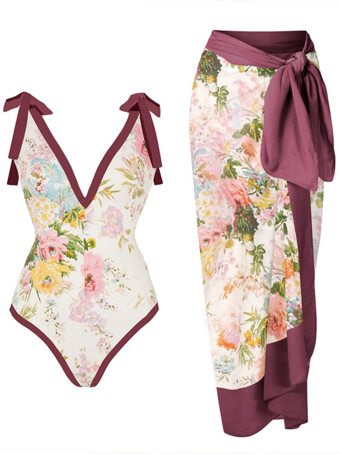 Deep V Ruffle Print Bikini Set