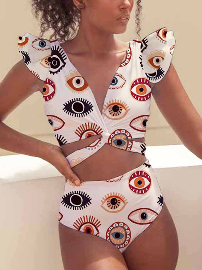 Fashion Deep V Neck Ruffle Print Split Swimsuit