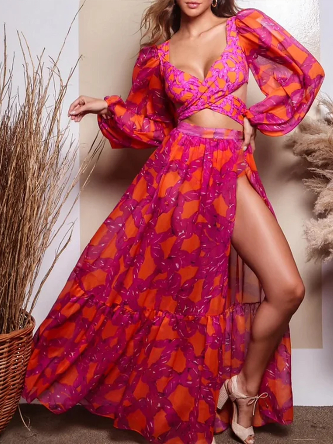 V Neck Net Yarn Long Sleeve Bikini Swimsuit and Skirt